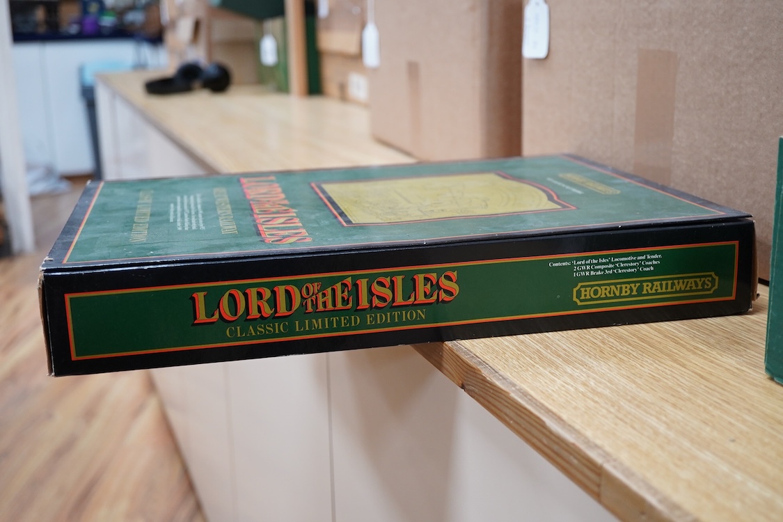 A boxed Hornby Railways 00 gauge GWR Lord of the Isles train pack, comprising of a 4-2-2 tender locomotive and three chocolate and cream coaches